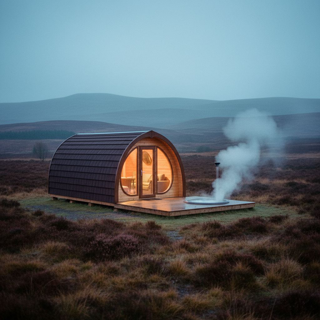 Insulated glamping pod with a private hot tub on the deck at dusk in the UK