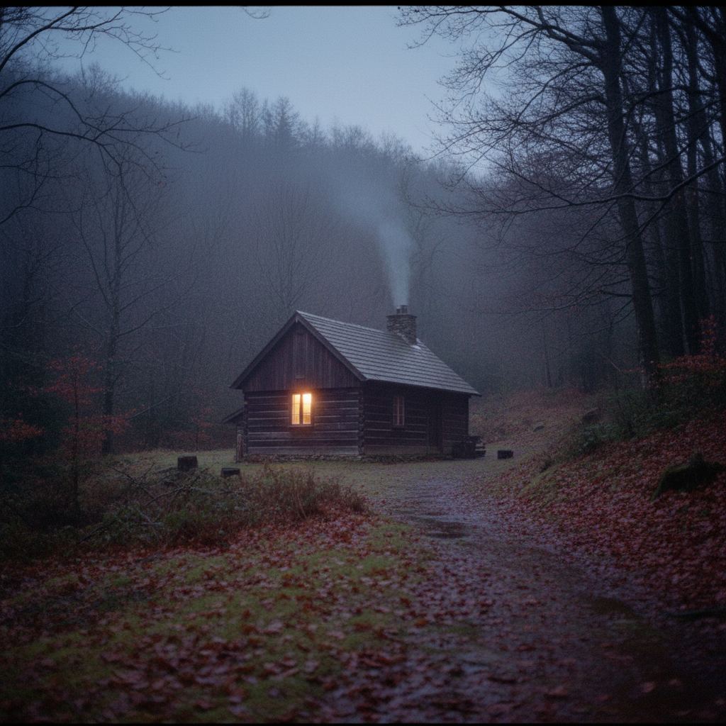 A timber-clad log cabin exterior in a woodland clearing