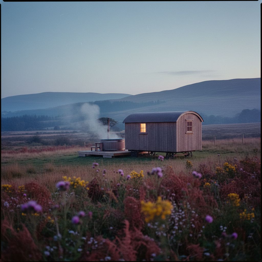 Timber shepherd's hut with a private hot tub steaming in a UK meadow at dusk