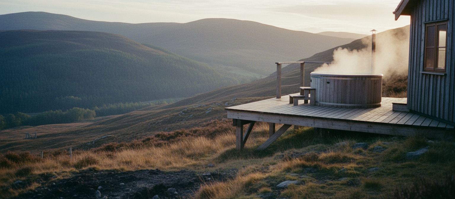 A private hot tub steaming on a timber deck above a Scottish glen at dusk