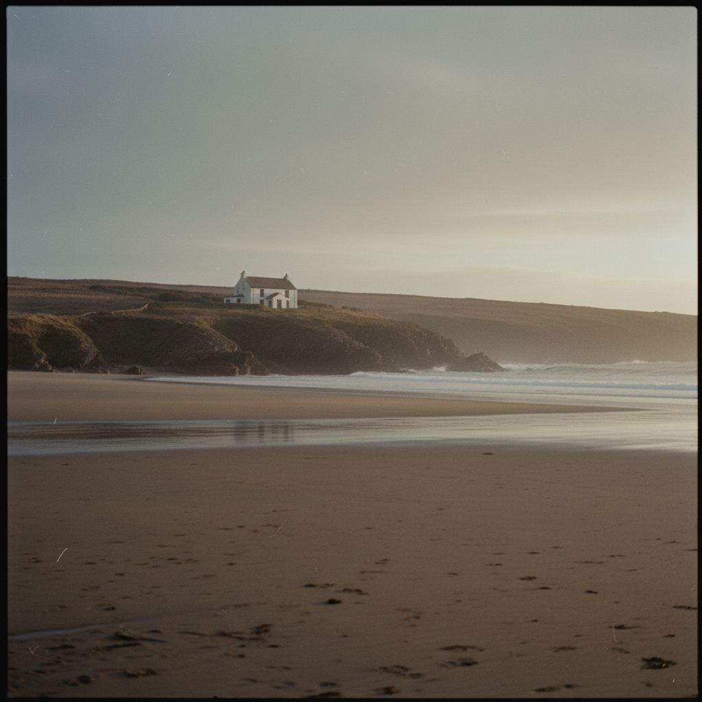 A quiet north Cornwall cove in winter, empty sand below a clifftop cottage