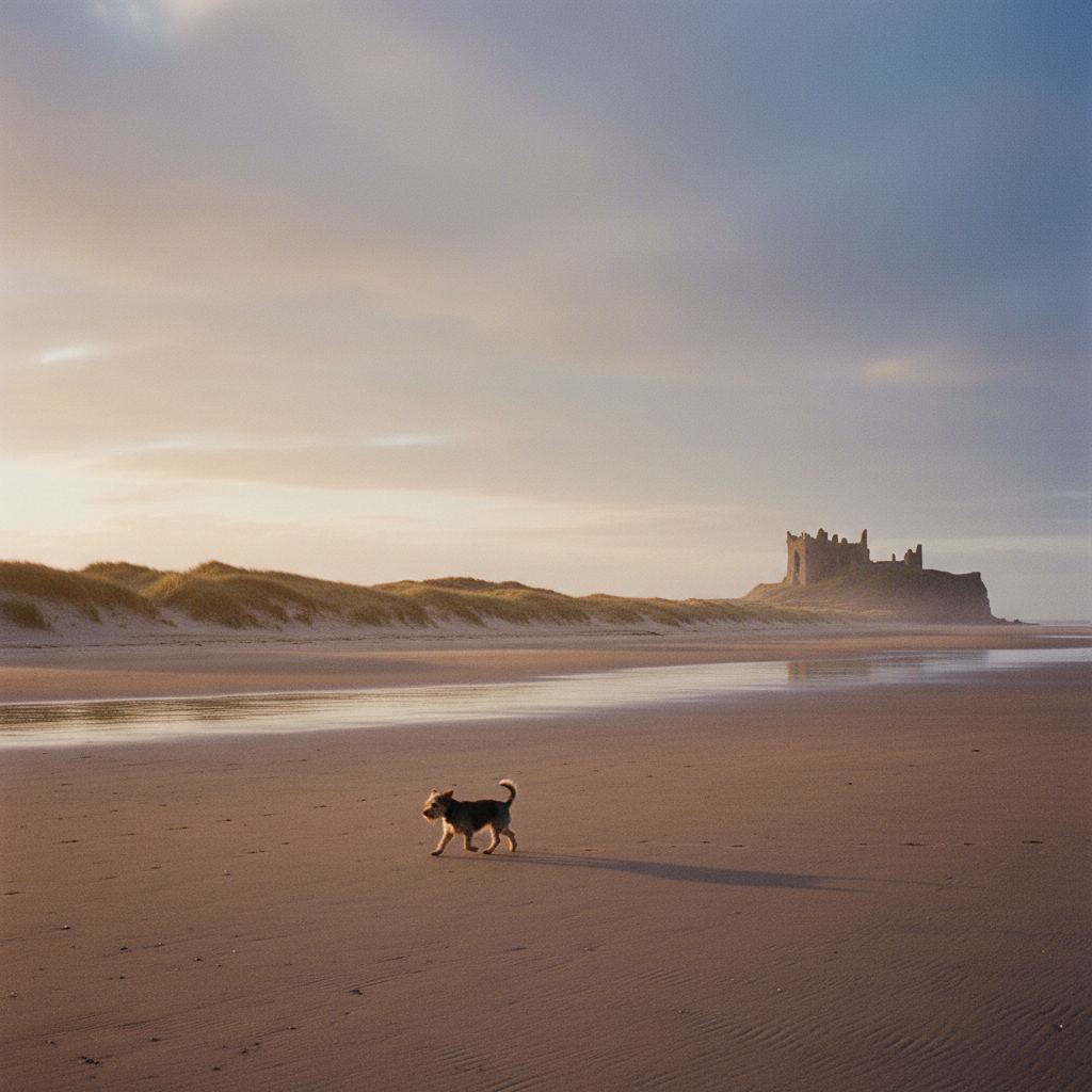 A dog on a wide empty Northumberland beach at dusk below a distant castle
