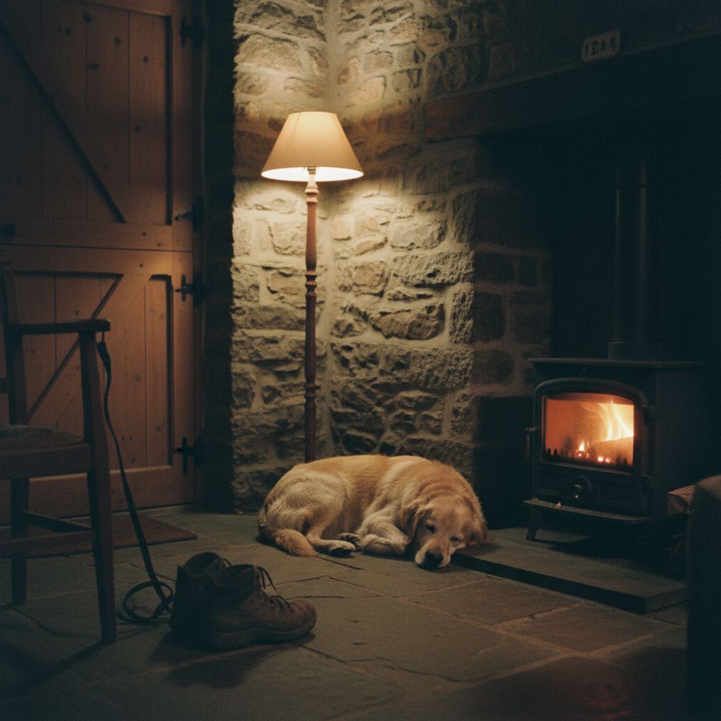 A dog asleep by the wood-burner on the flagstone floor of a holiday cottage