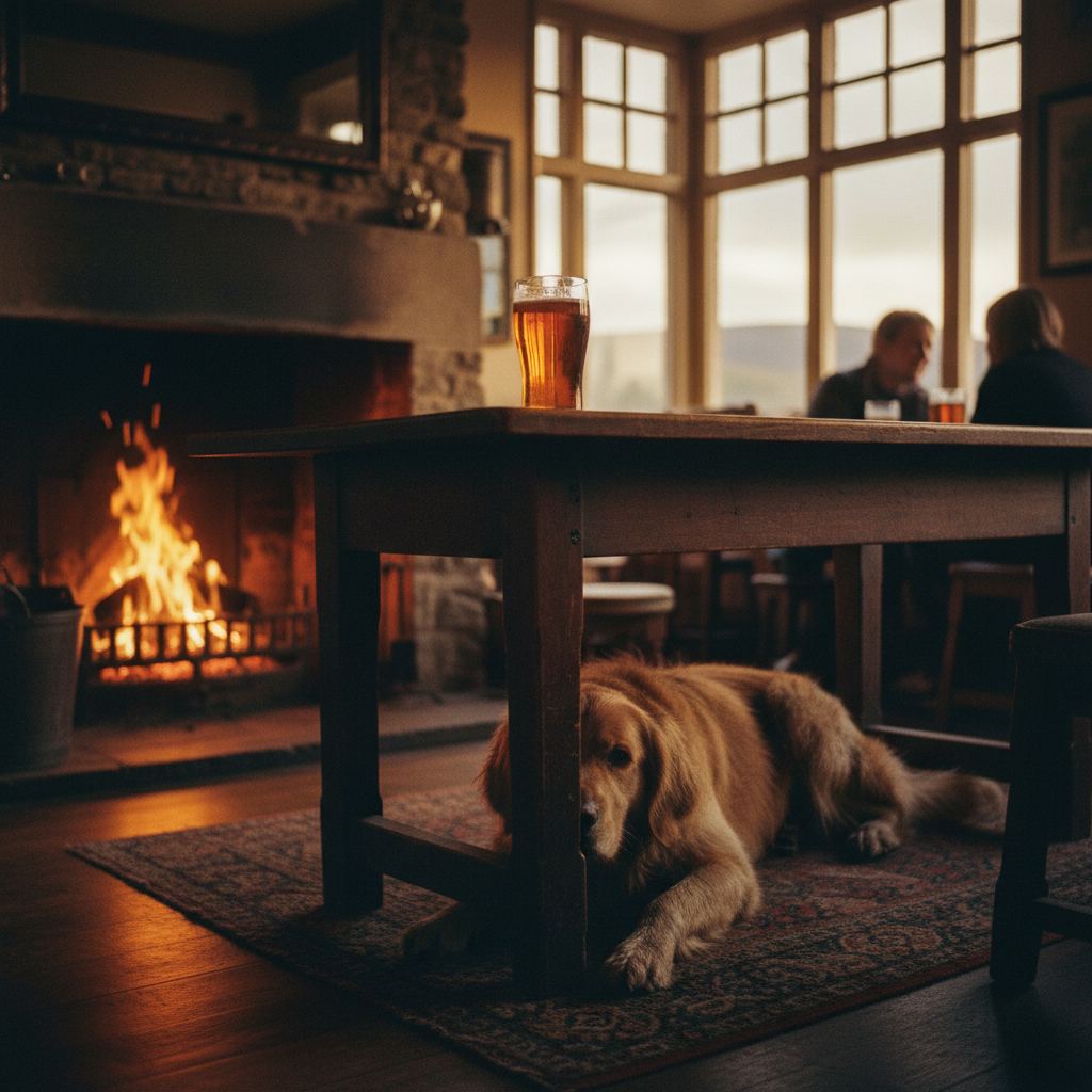 A muddy dog under a wooden table beside the fire in a country pub