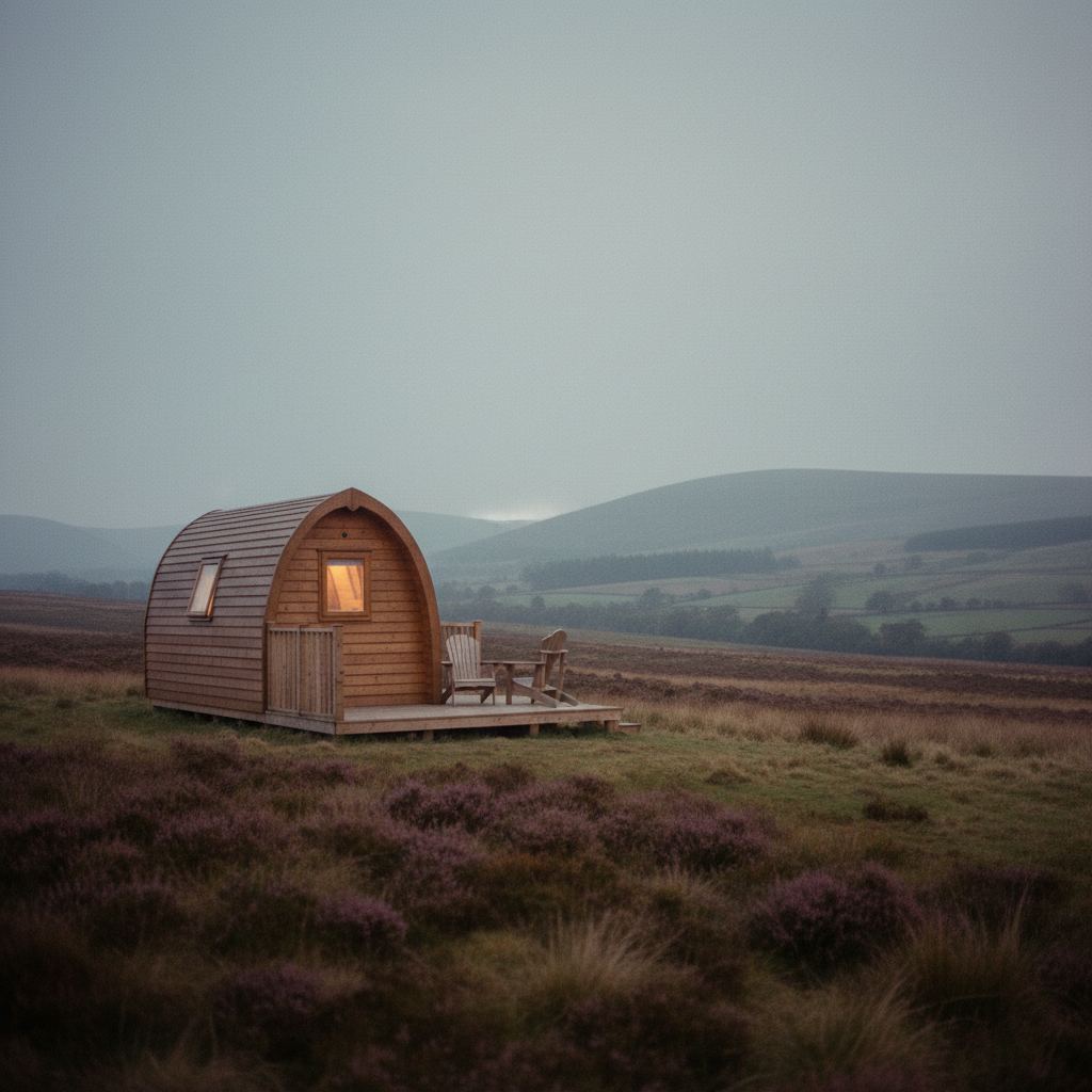 An insulated glamping pod in a Welsh meadow at dusk, warm light in the window
