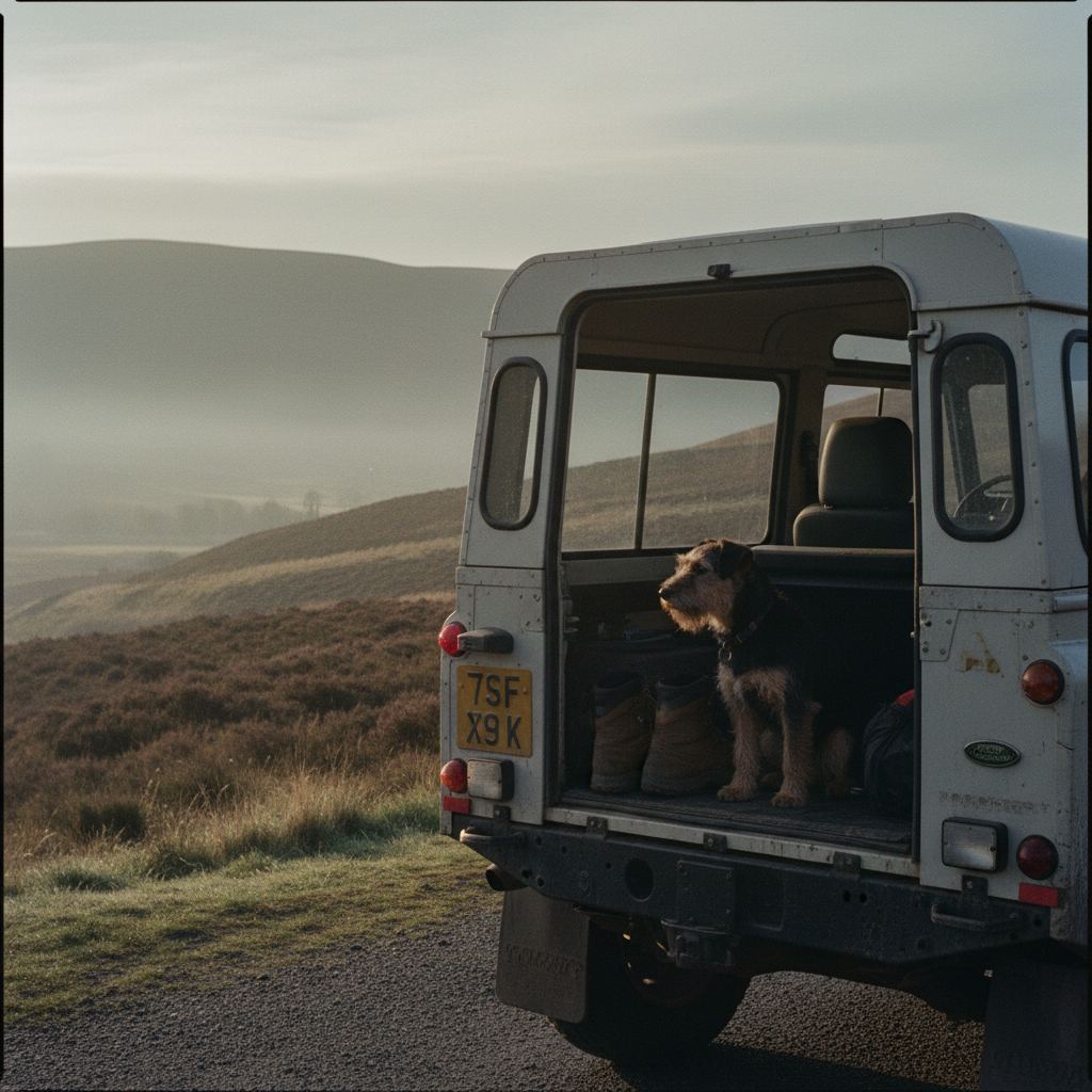 An open car boot at dawn in a Lake District car park, boots and a dog ready