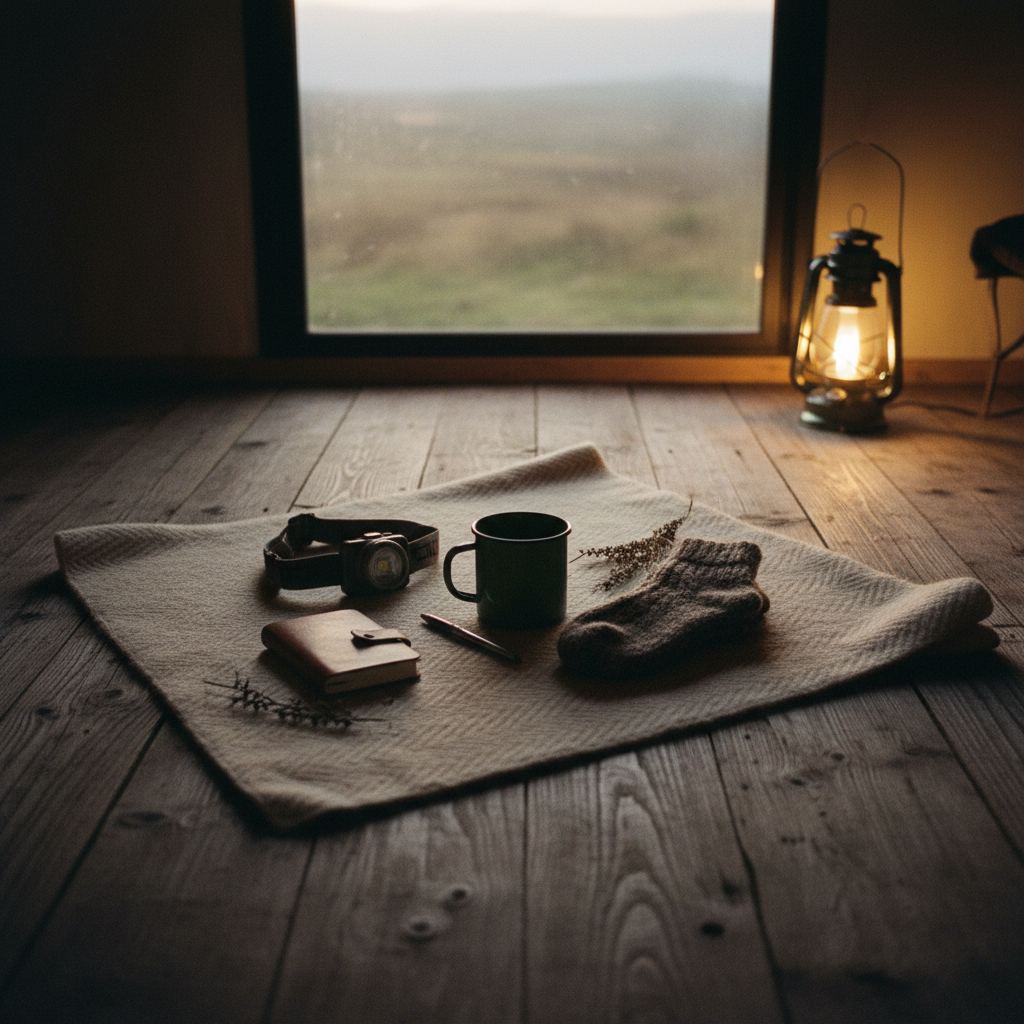 Glamping kit on a pod floor: head torch, wool blanket, enamel mug and thick socks