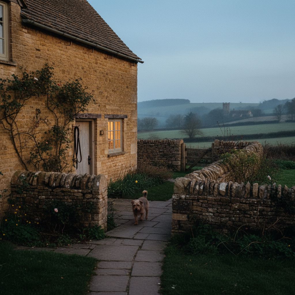 The Cotswolds landscape at dusk — honey-stone villages — home of curated dog friendly cottages