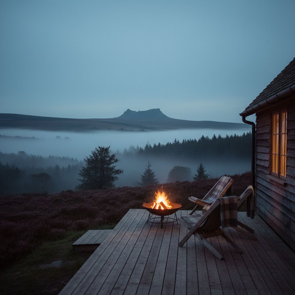 Devon landscape at dusk — two coasts and Dartmoor — home of hand-picked fire pit lodges