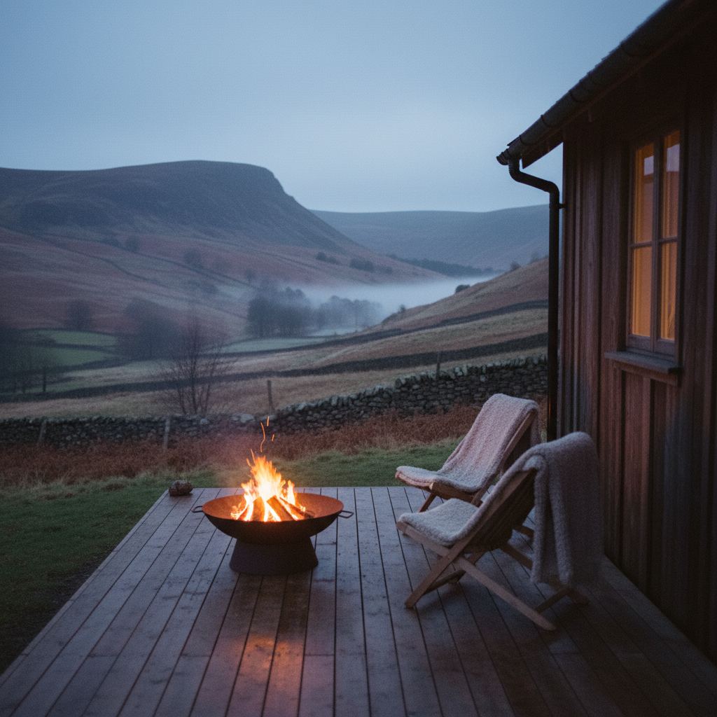 The Peak District landscape at dusk — dales, edges and market towns — home of hand-picked fire pit lodges