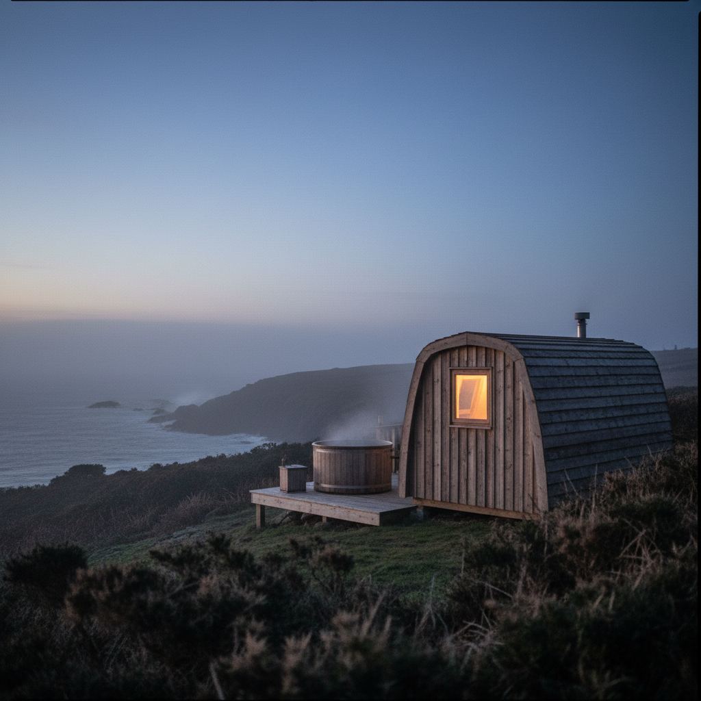 Cornwall landscape at dusk — coast paths, cream teas and surf — home of hand-picked glamping pods