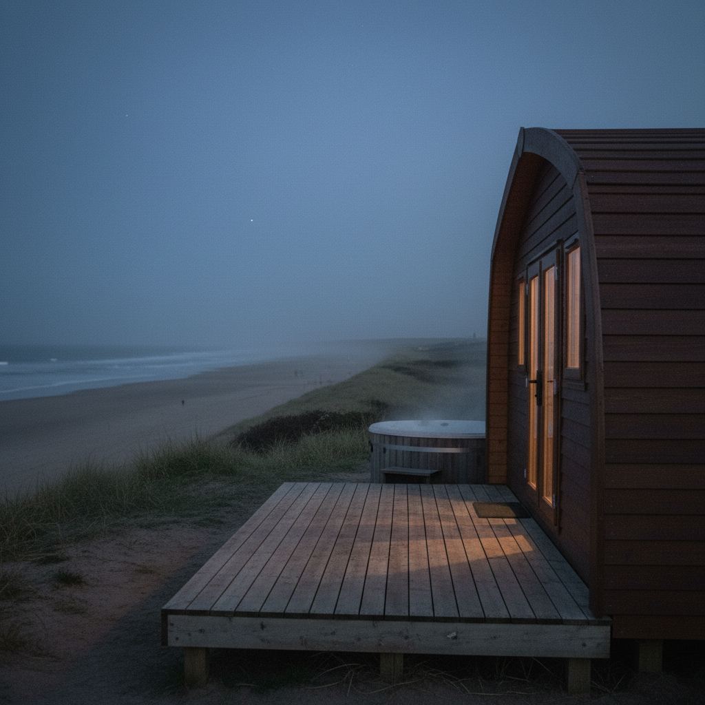 Northumberland landscape at dusk — empty beaches and dark skies — home of hand-picked glamping pods