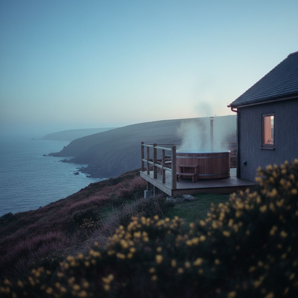 Cornwall landscape at dusk — coast paths, cream teas and surf — home of curated hot tub lodges