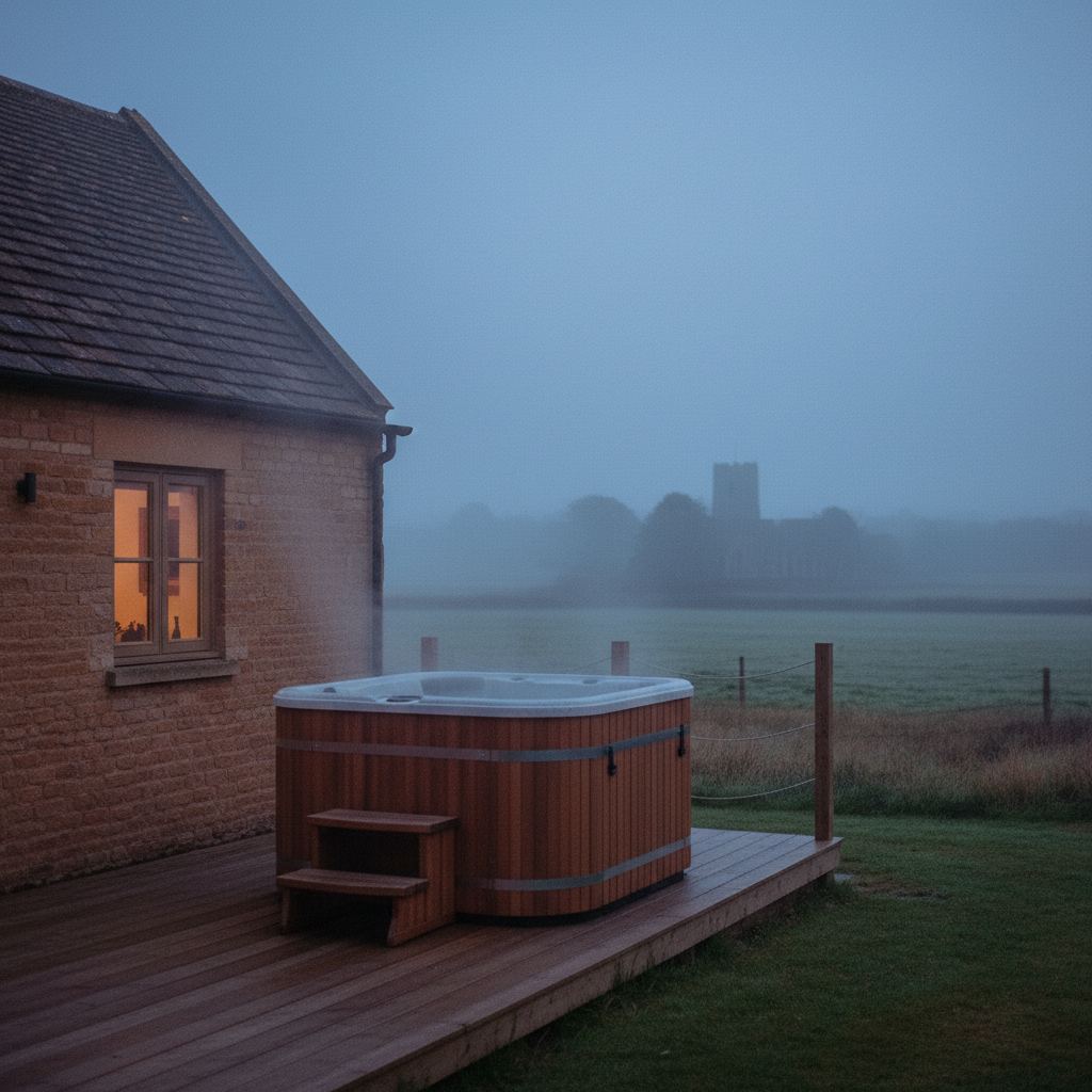 The Cotswolds landscape at dusk — honey-stone villages — home of curated hot tub lodges