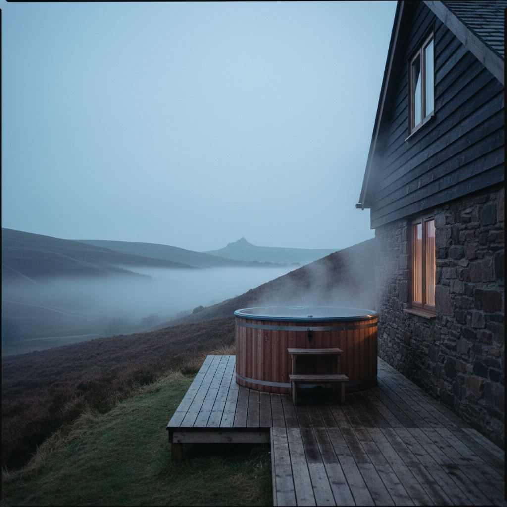 Devon landscape at dusk — two coasts and Dartmoor — home of curated hot tub lodges