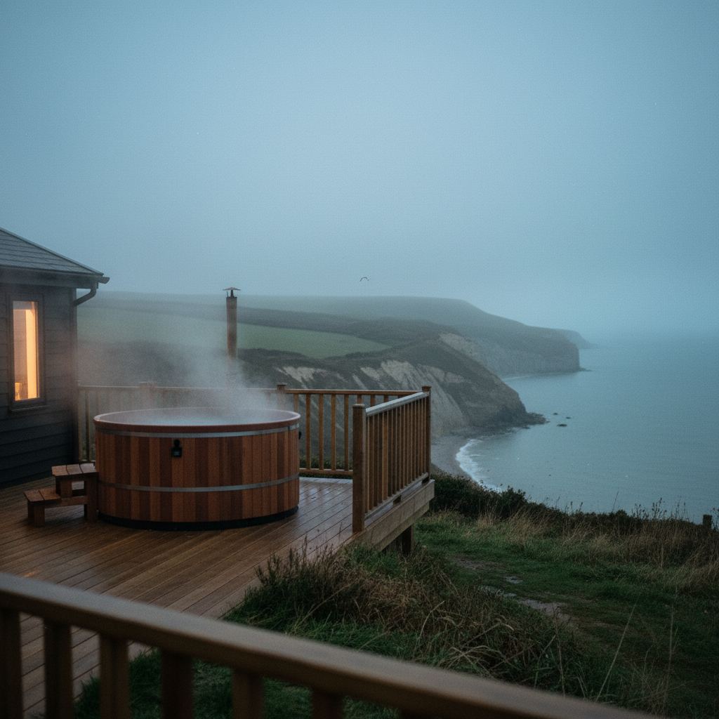 Dorset landscape at dusk — the Jurassic Coast — home of curated hot tub lodges
