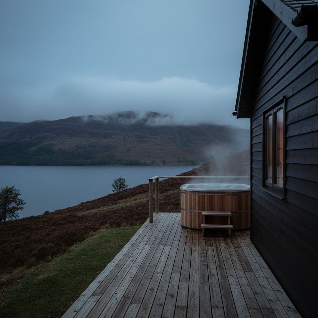 The Lake District landscape at dusk — fells, lakes and pubs — home of curated hot tub lodges