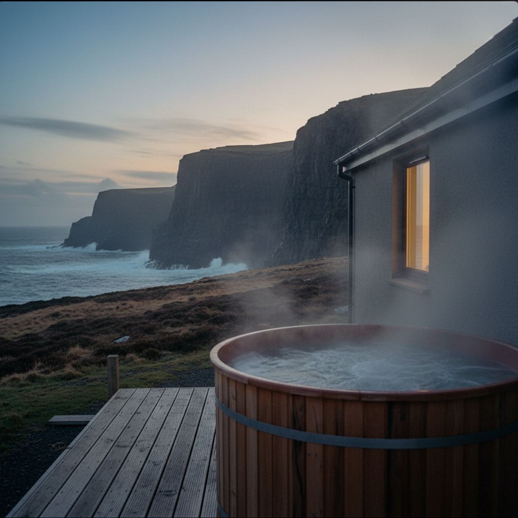 Northern Ireland landscape at dusk — the Causeway Coast, loughs and glens — home of hand-picked hot tub lodges