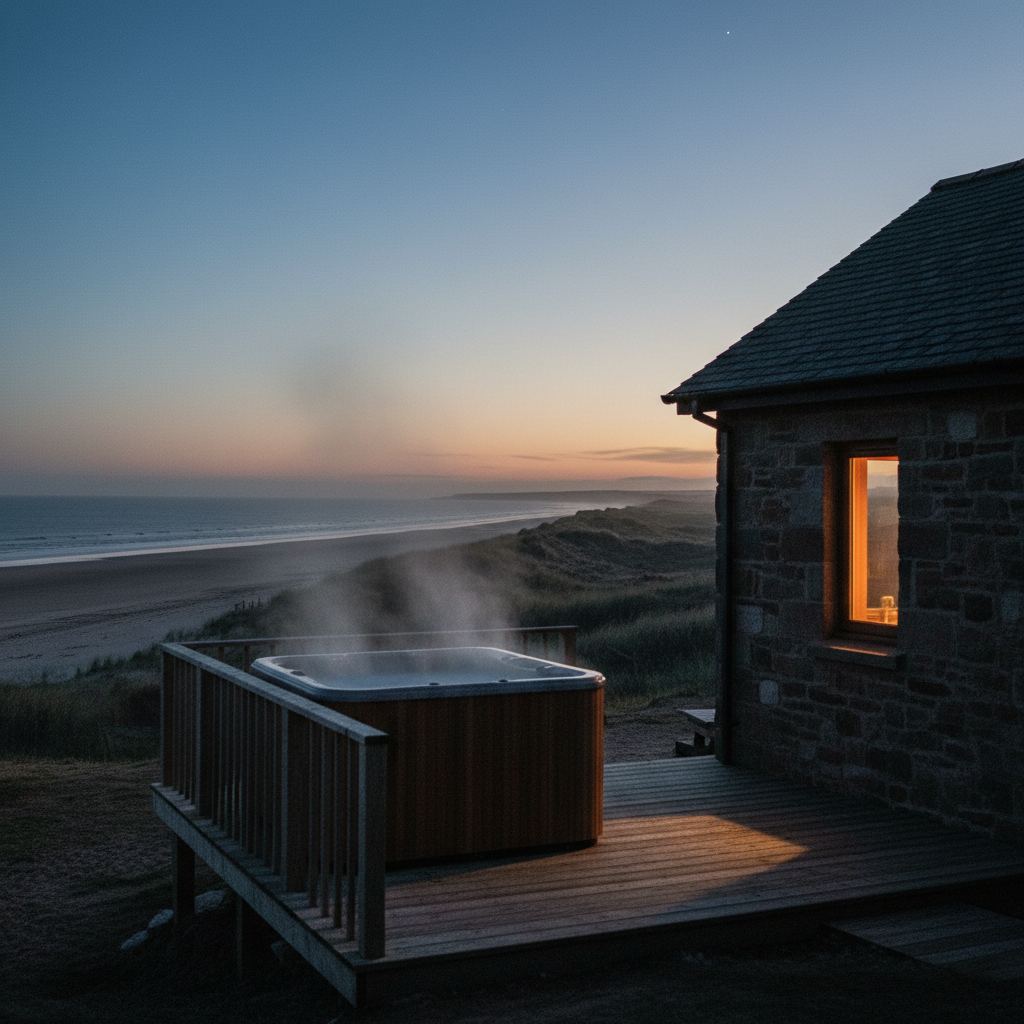 Northumberland landscape at dusk — empty beaches and dark skies — home of curated hot tub lodges