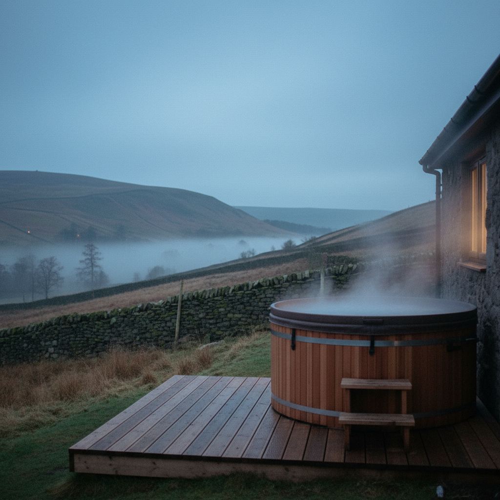 The Peak District landscape at dusk — dales, edges and market towns — home of curated hot tub lodges