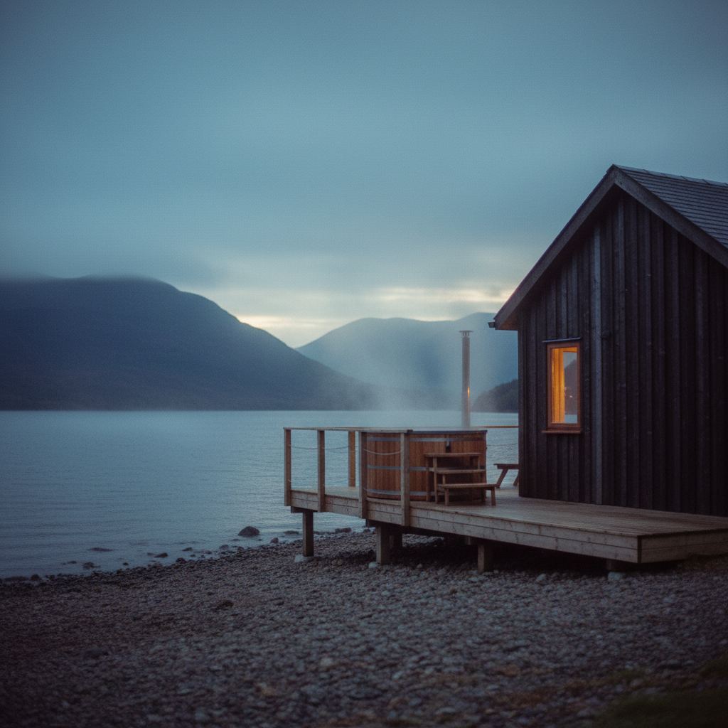 Scotland landscape at dusk — lochs, glens and big skies — home of curated hot tub lodges