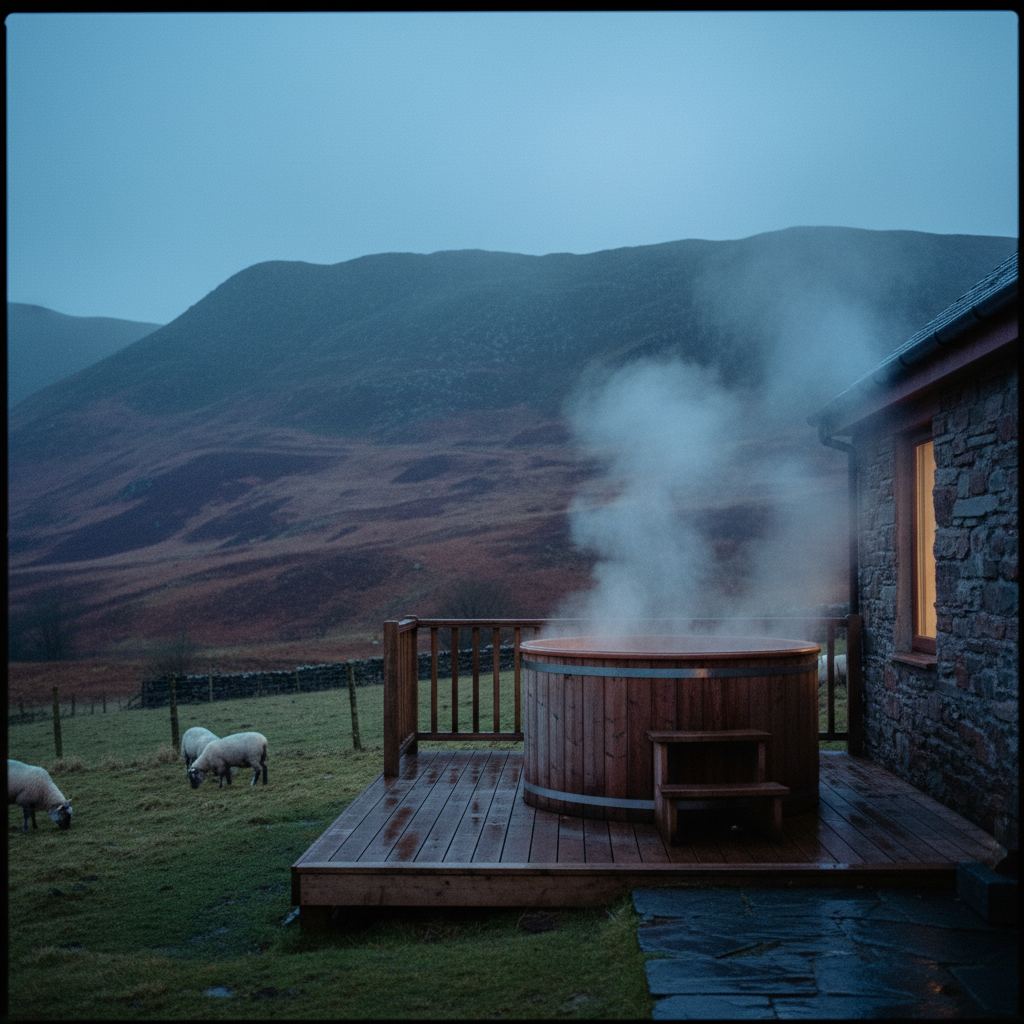 Wales landscape at dusk — mountains, castles and coast — home of curated hot tub lodges