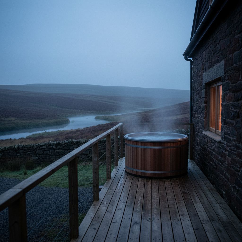 Yorkshire landscape at dusk — dales, moors and coast — home of curated hot tub lodges