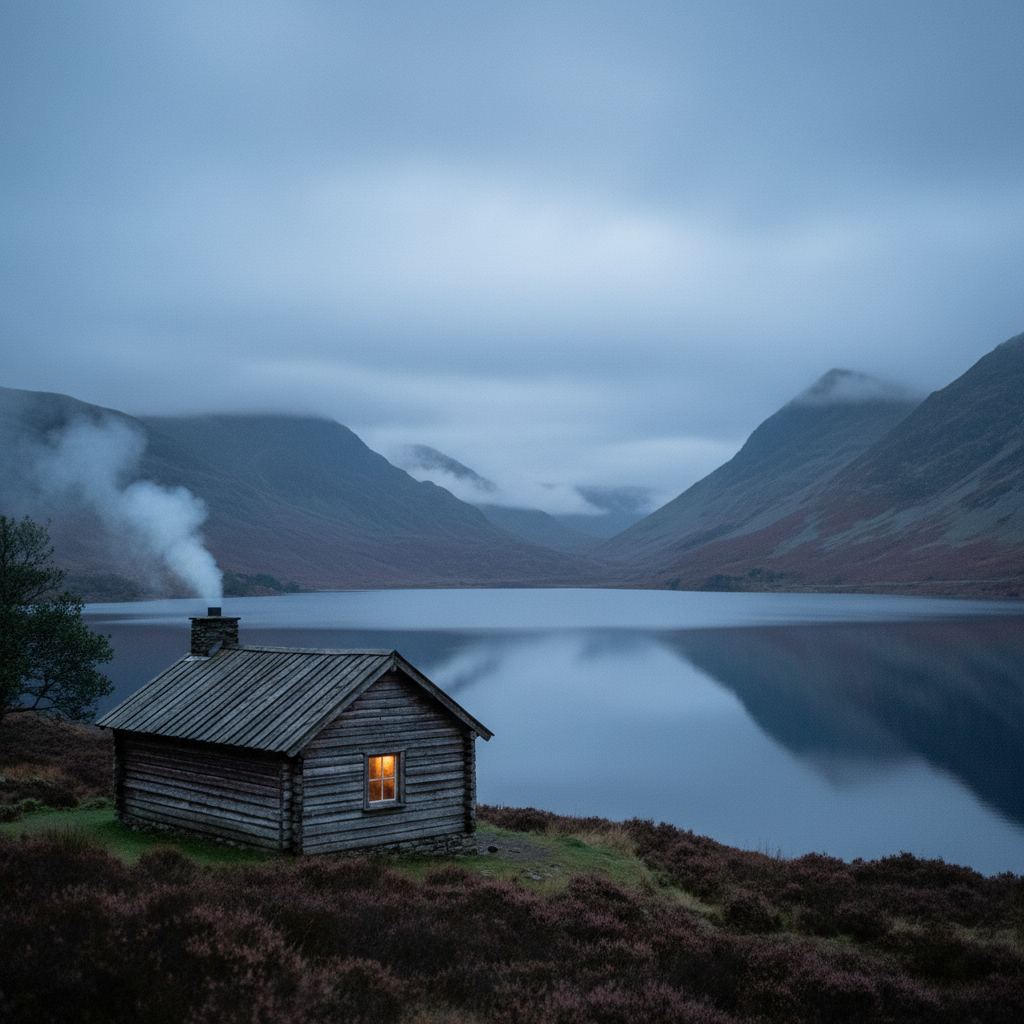 The Lake District landscape at dusk — fells, lakes and pubs — home of curated log cabins