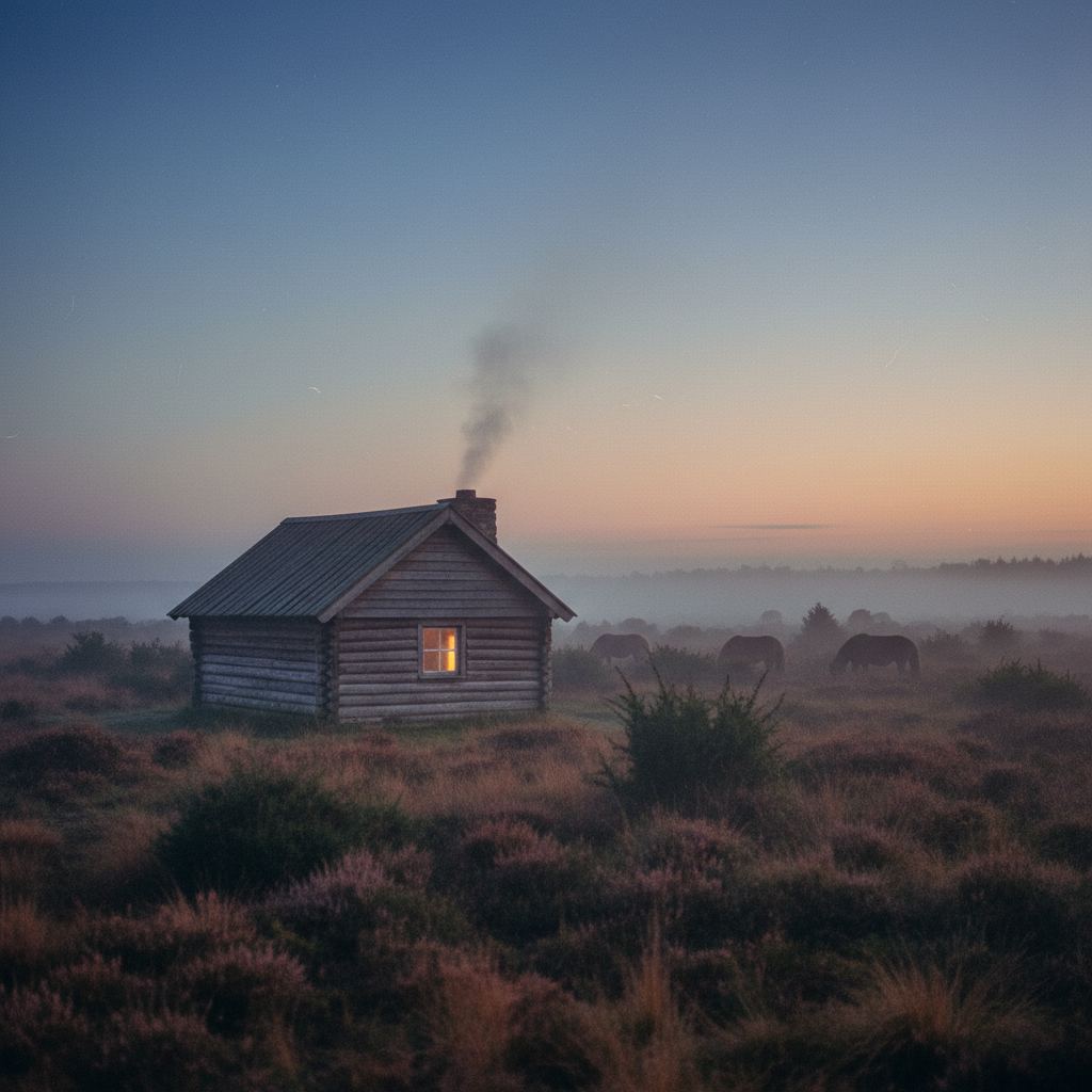 The New Forest landscape at dusk — ponies, heath and woodland — home of curated log cabins