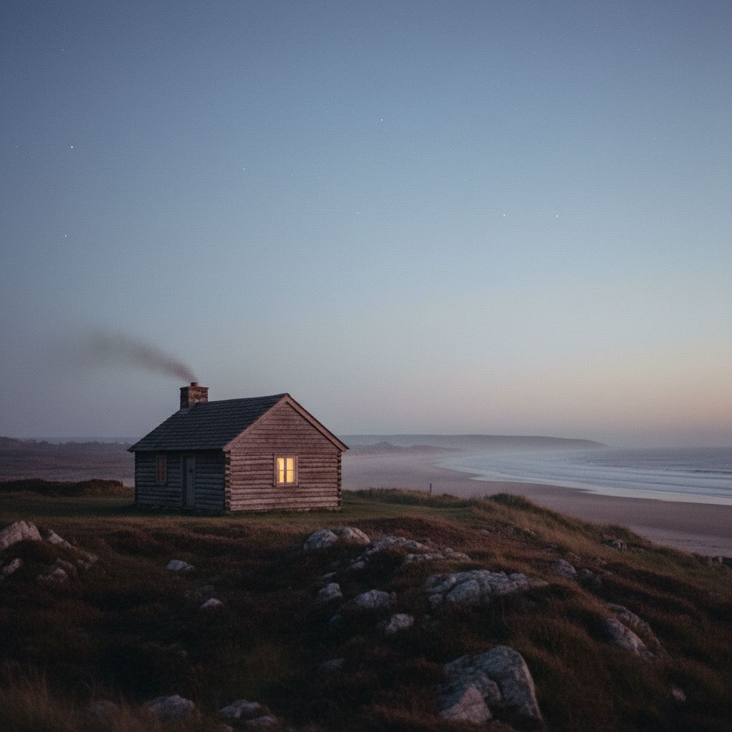 Northumberland landscape at dusk — empty beaches and dark skies — home of curated log cabins