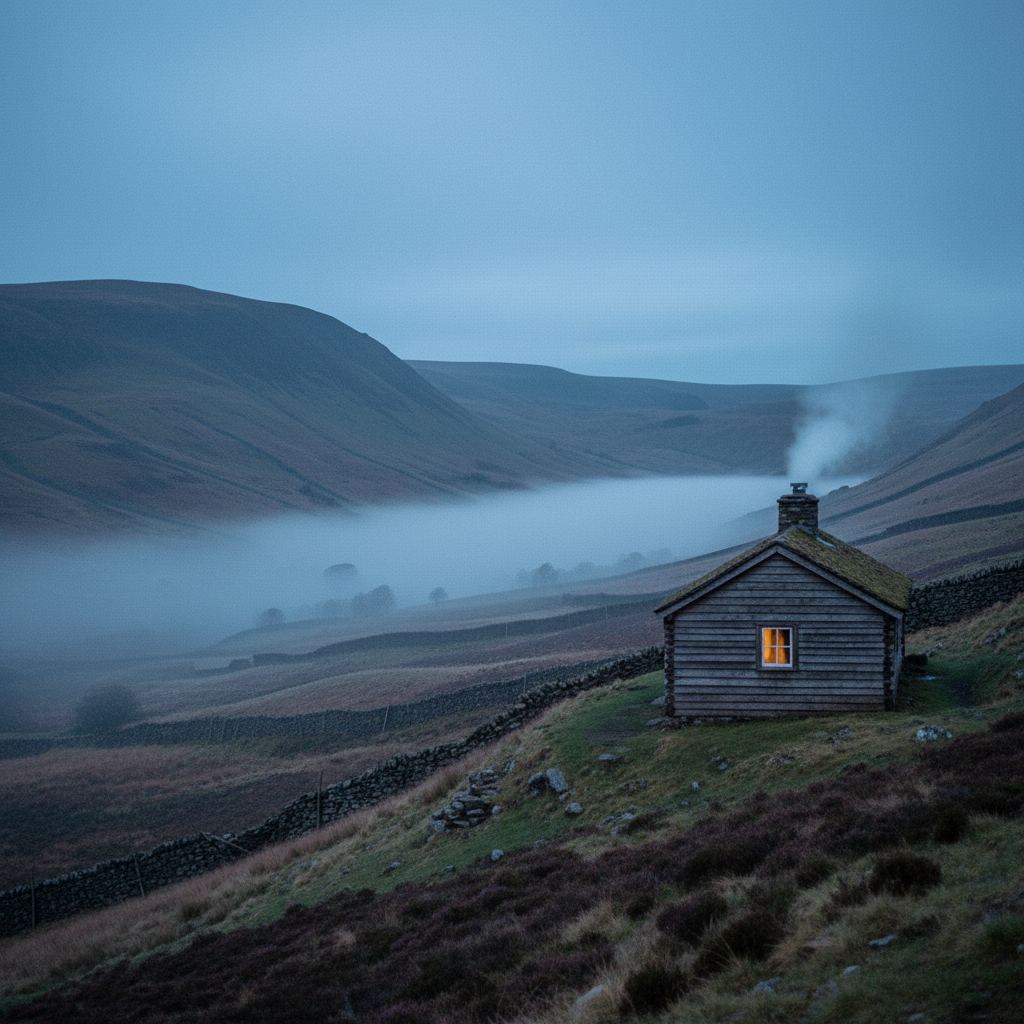 The Peak District landscape at dusk — dales, edges and market towns — home of curated log cabins