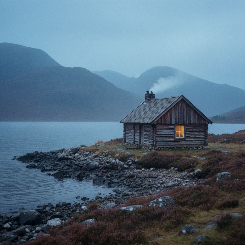 Scotland landscape at dusk — lochs, glens and big skies — home of curated log cabins