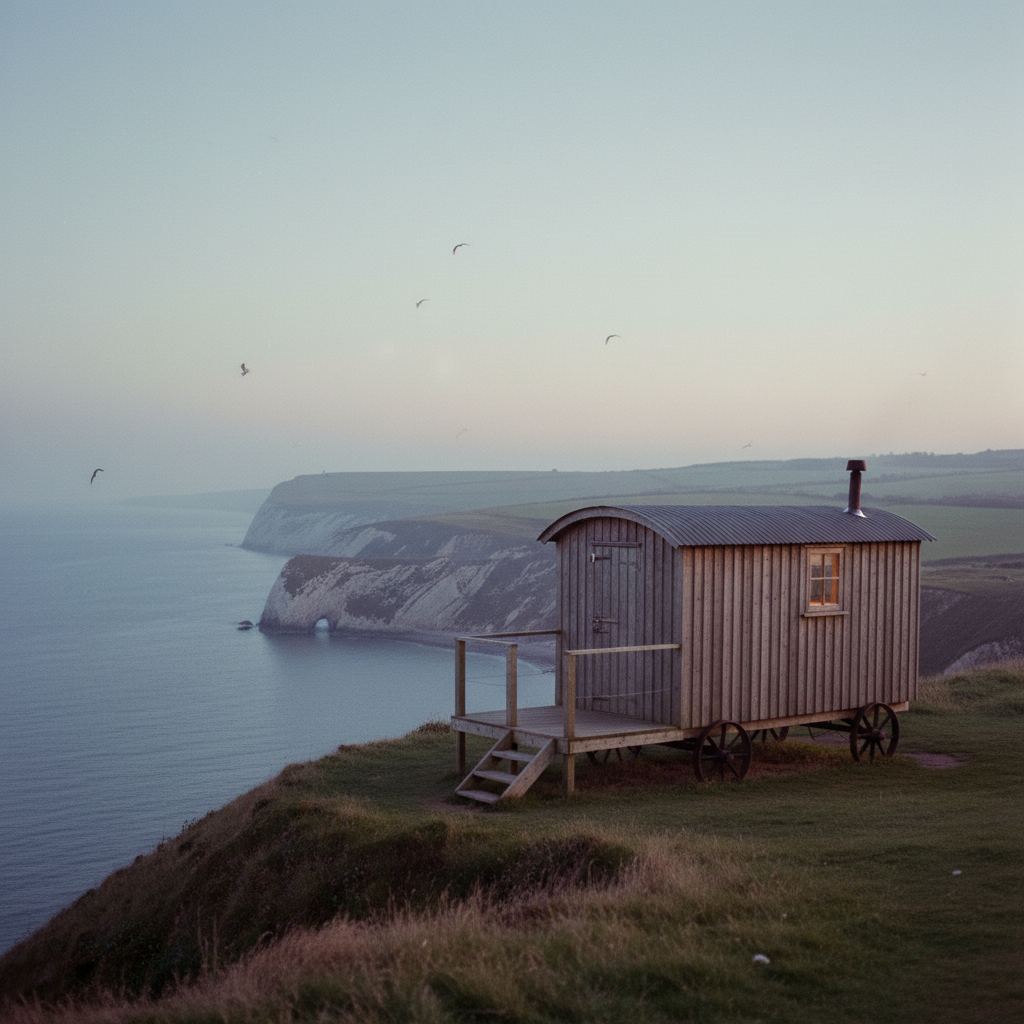Dorset landscape at dusk — the Jurassic Coast — home of hand-picked shepherd’s huts