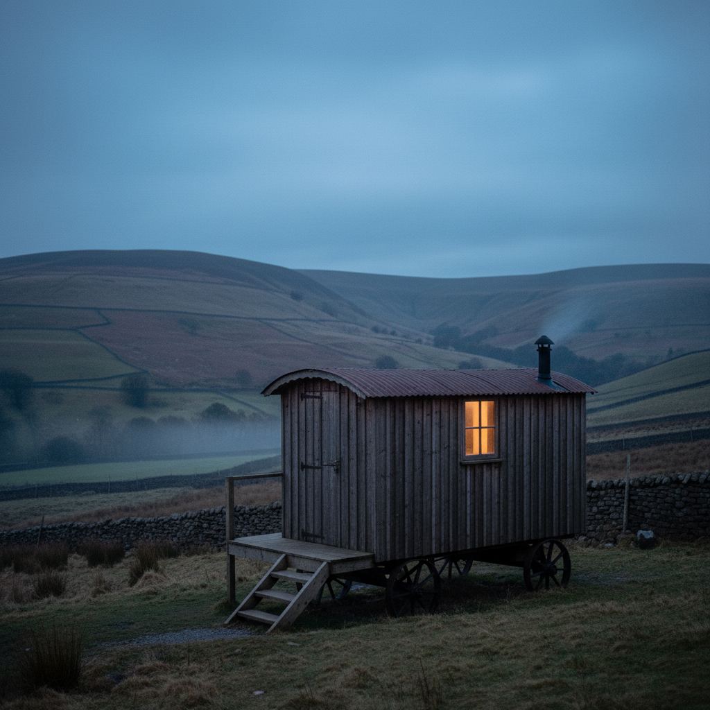 The Peak District landscape at dusk — dales, edges and market towns — home of hand-picked shepherd’s huts