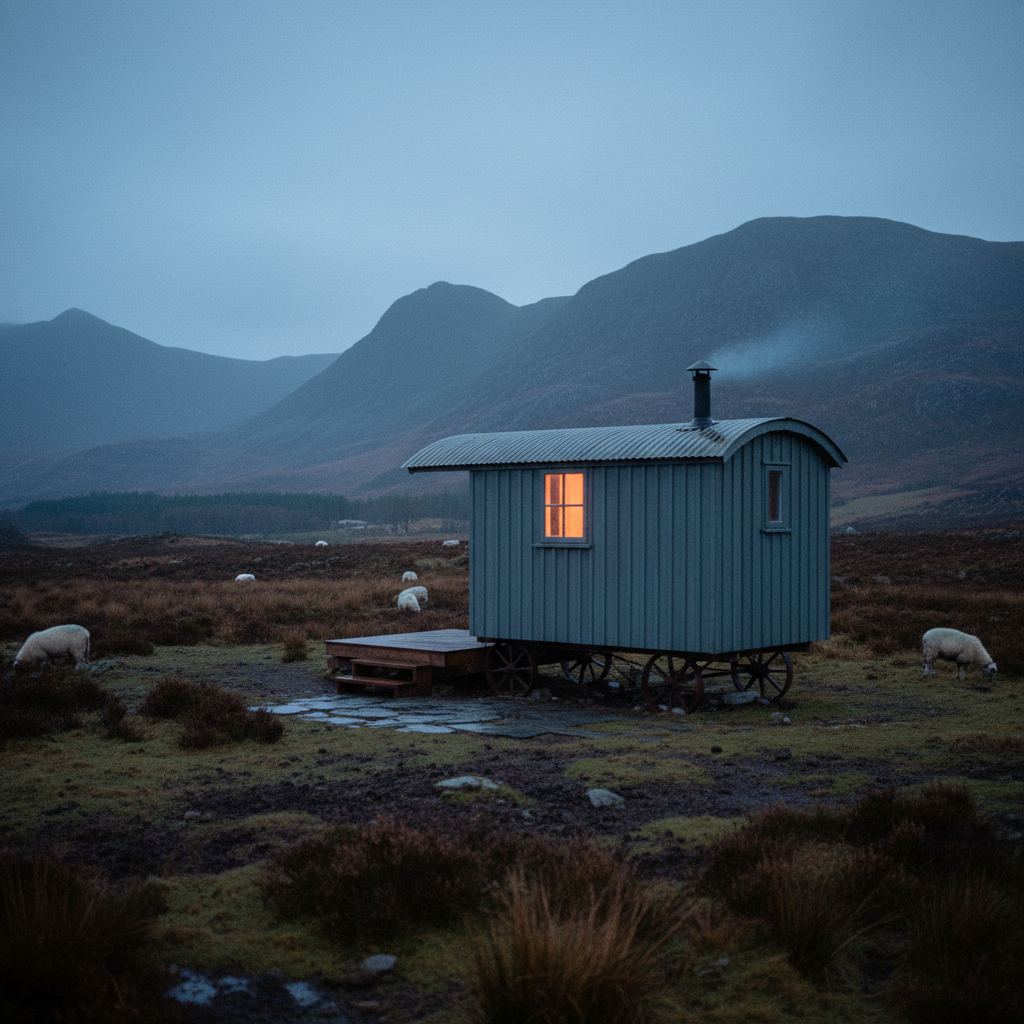 Wales landscape at dusk — mountains, castles and coast — home of hand-picked shepherd’s huts