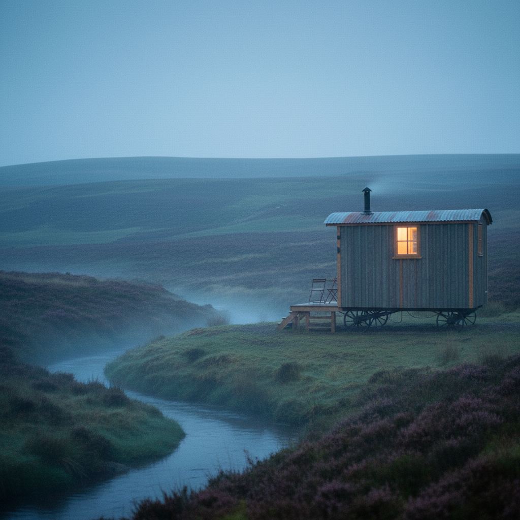 Yorkshire landscape at dusk — dales, moors and coast — home of hand-picked shepherd’s huts