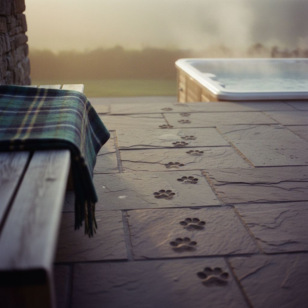 Wet paw prints on a slate doorstep after a beach walk